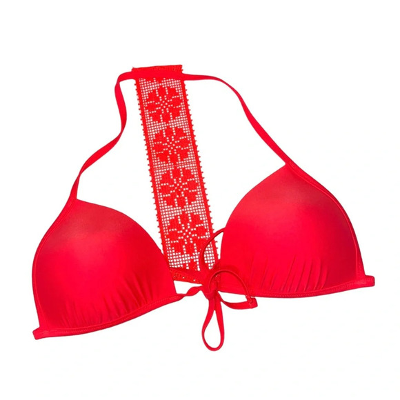 aerie Neon Peach Tie Front Crochet Racerback Triangle Bikini Top Medium Women’s - Picture 1 of 9